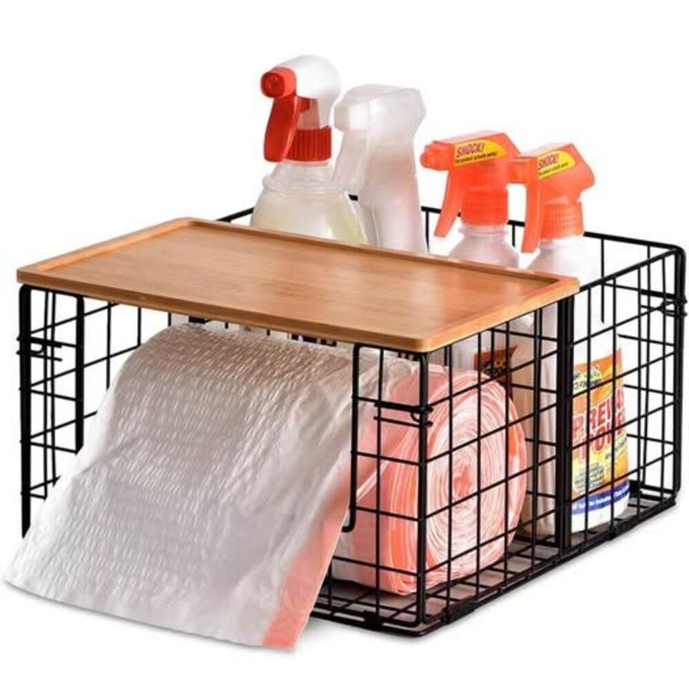 Under Sink Organizer Wire Basket with Bamboo Top Trash Bag Holder